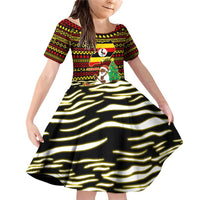 Uganda Christmas Family Matching Off Shoulder Short Dress and Hawaiian Shirt with Santa in Canoe Christmas Tree Uganda Map Flag and Black Red Yellow Tribal Pattern Design - Wonder Print Shop
