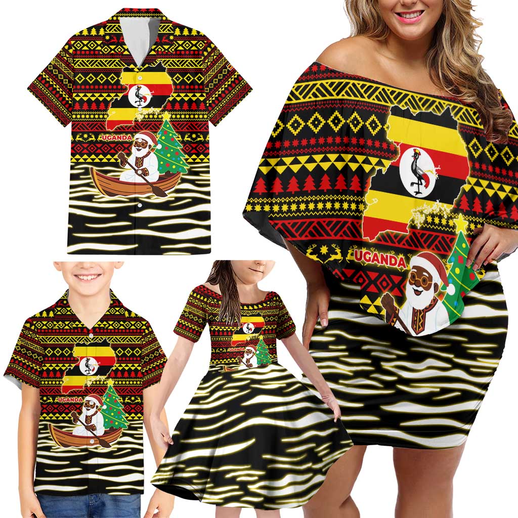 Uganda Christmas Family Matching Off Shoulder Short Dress and Hawaiian Shirt with Santa in Canoe Christmas Tree Uganda Map Flag and Black Red Yellow Tribal Pattern Design - Wonder Print Shop