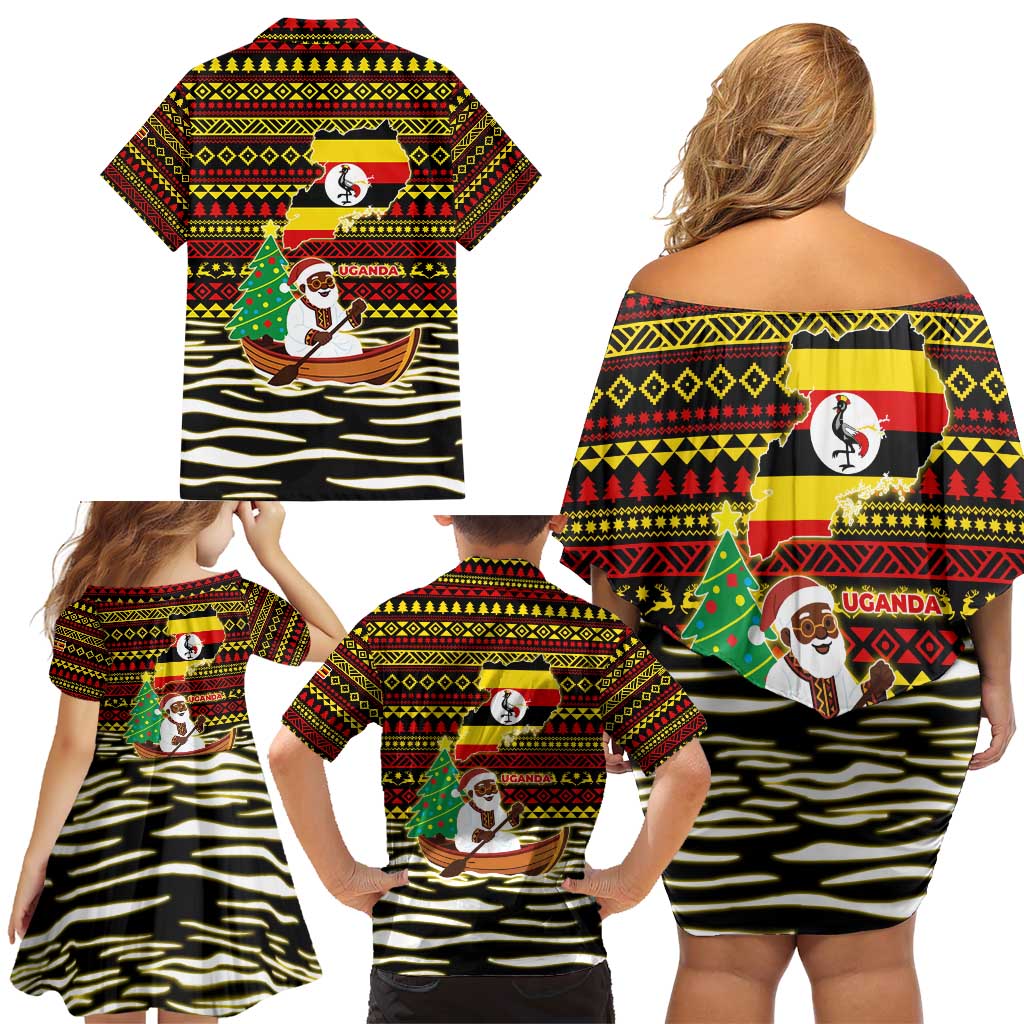 Uganda Christmas Family Matching Off Shoulder Short Dress and Hawaiian Shirt with Santa in Canoe Christmas Tree Uganda Map Flag and Black Red Yellow Tribal Pattern Design - Wonder Print Shop