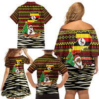 Uganda Christmas Family Matching Off Shoulder Short Dress and Hawaiian Shirt with Santa in Canoe Christmas Tree Uganda Map Flag and Black Red Yellow Tribal Pattern Design - Wonder Print Shop