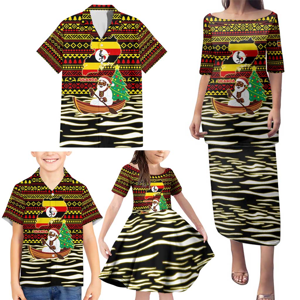 Uganda Christmas Family Matching Puletasi and Hawaiian Shirt with Santa in Canoe Christmas Tree Uganda Map Flag and Black Red Yellow Tribal Pattern Design - Wonder Print Shop