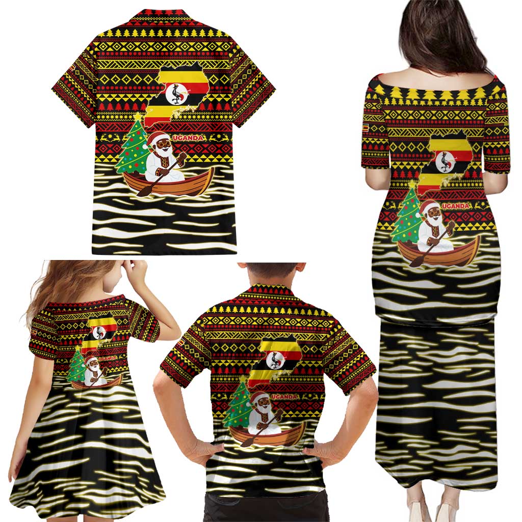 Uganda Christmas Family Matching Puletasi and Hawaiian Shirt with Santa in Canoe Christmas Tree Uganda Map Flag and Black Red Yellow Tribal Pattern Design - Wonder Print Shop
