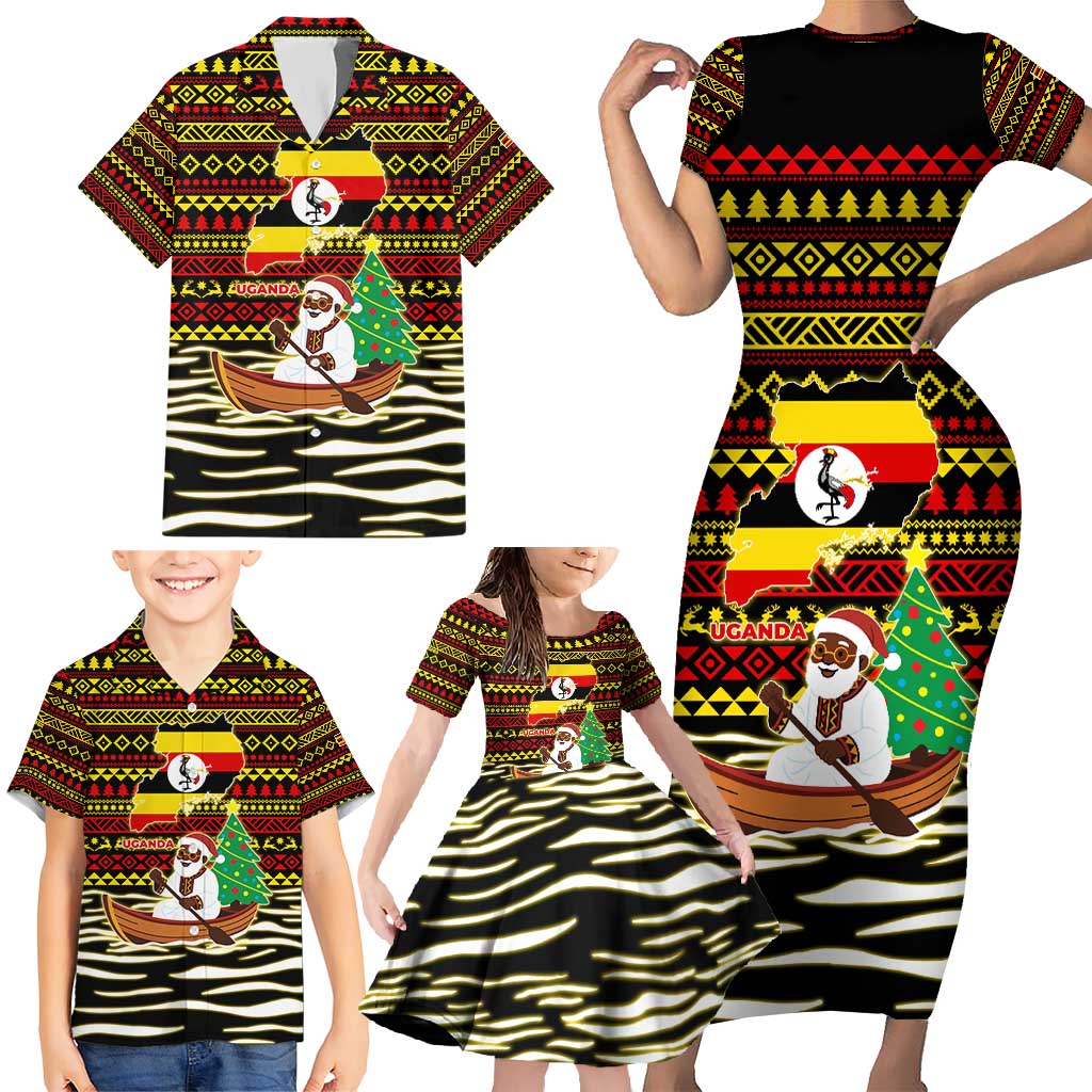 Uganda Christmas Family Matching Short Sleeve Bodycon Dress and Hawaiian Shirt with Santa in Canoe Christmas Tree Uganda Map Flag and Black Red Yellow Tribal Pattern Design - Wonder Print Shop