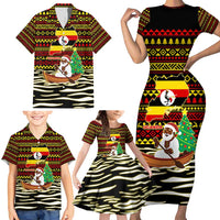 Uganda Christmas Family Matching Short Sleeve Bodycon Dress and Hawaiian Shirt with Santa in Canoe Christmas Tree Uganda Map Flag and Black Red Yellow Tribal Pattern Design - Wonder Print Shop