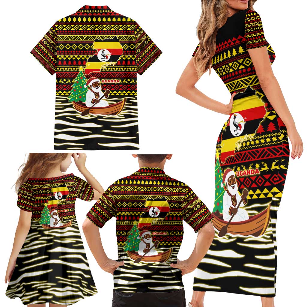 Uganda Christmas Family Matching Short Sleeve Bodycon Dress and Hawaiian Shirt with Santa in Canoe Christmas Tree Uganda Map Flag and Black Red Yellow Tribal Pattern Design - Wonder Print Shop