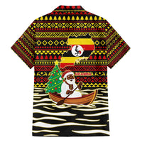 Uganda Christmas Family Matching Short Sleeve Bodycon Dress and Hawaiian Shirt with Santa in Canoe Christmas Tree Uganda Map Flag and Black Red Yellow Tribal Pattern Design - Wonder Print Shop