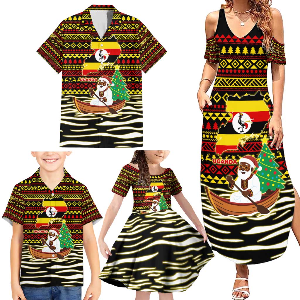 Uganda Christmas Family Matching Summer Maxi Dress and Hawaiian Shirt with Santa in Canoe Christmas Tree Uganda Map Flag and Black Red Yellow Tribal Pattern Design - Wonder Print Shop