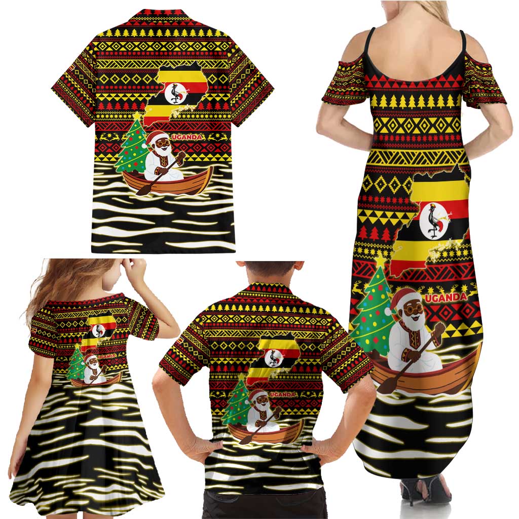 Uganda Christmas Family Matching Summer Maxi Dress and Hawaiian Shirt with Santa in Canoe Christmas Tree Uganda Map Flag and Black Red Yellow Tribal Pattern Design - Wonder Print Shop