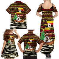 Uganda Christmas Family Matching Summer Maxi Dress and Hawaiian Shirt with Santa in Canoe Christmas Tree Uganda Map Flag and Black Red Yellow Tribal Pattern Design - Wonder Print Shop