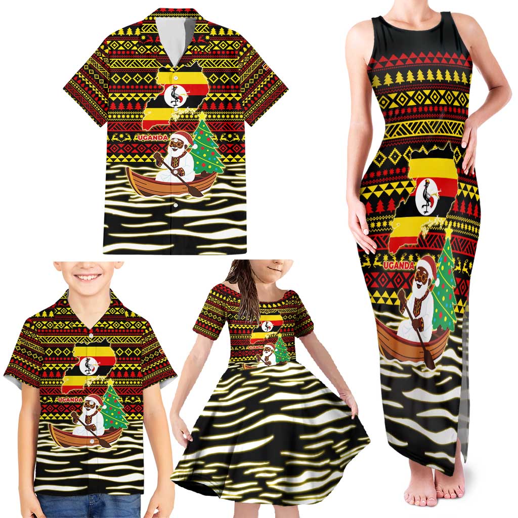 Uganda Christmas Family Matching Tank Maxi Dress and Hawaiian Shirt with Santa in Canoe Christmas Tree Uganda Map Flag and Black Red Yellow Tribal Pattern Design - Wonder Print Shop