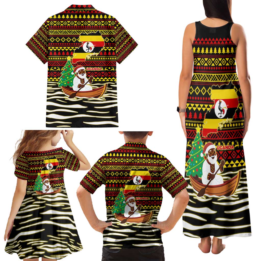 Uganda Christmas Family Matching Tank Maxi Dress and Hawaiian Shirt with Santa in Canoe Christmas Tree Uganda Map Flag and Black Red Yellow Tribal Pattern Design - Wonder Print Shop