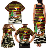 Uganda Christmas Family Matching Tank Maxi Dress and Hawaiian Shirt with Santa in Canoe Christmas Tree Uganda Map Flag and Black Red Yellow Tribal Pattern Design - Wonder Print Shop