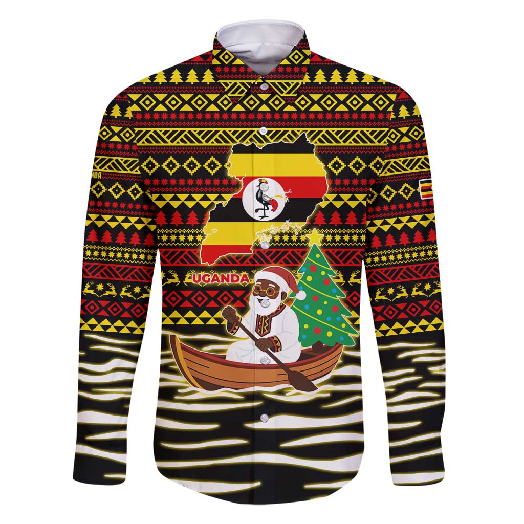 Uganda Christmas Family Matching Tank Maxi Dress and Hawaiian Shirt with Santa in Canoe Christmas Tree Uganda Map Flag and Black Red Yellow Tribal Pattern Design - Wonder Print Shop