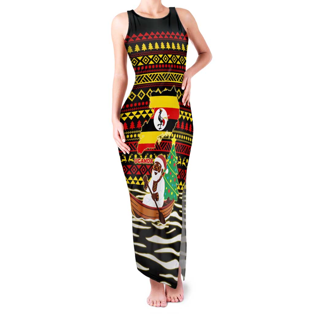 Uganda Christmas Family Matching Tank Maxi Dress and Hawaiian Shirt with Santa in Canoe Christmas Tree Uganda Map Flag and Black Red Yellow Tribal Pattern Design - Wonder Print Shop