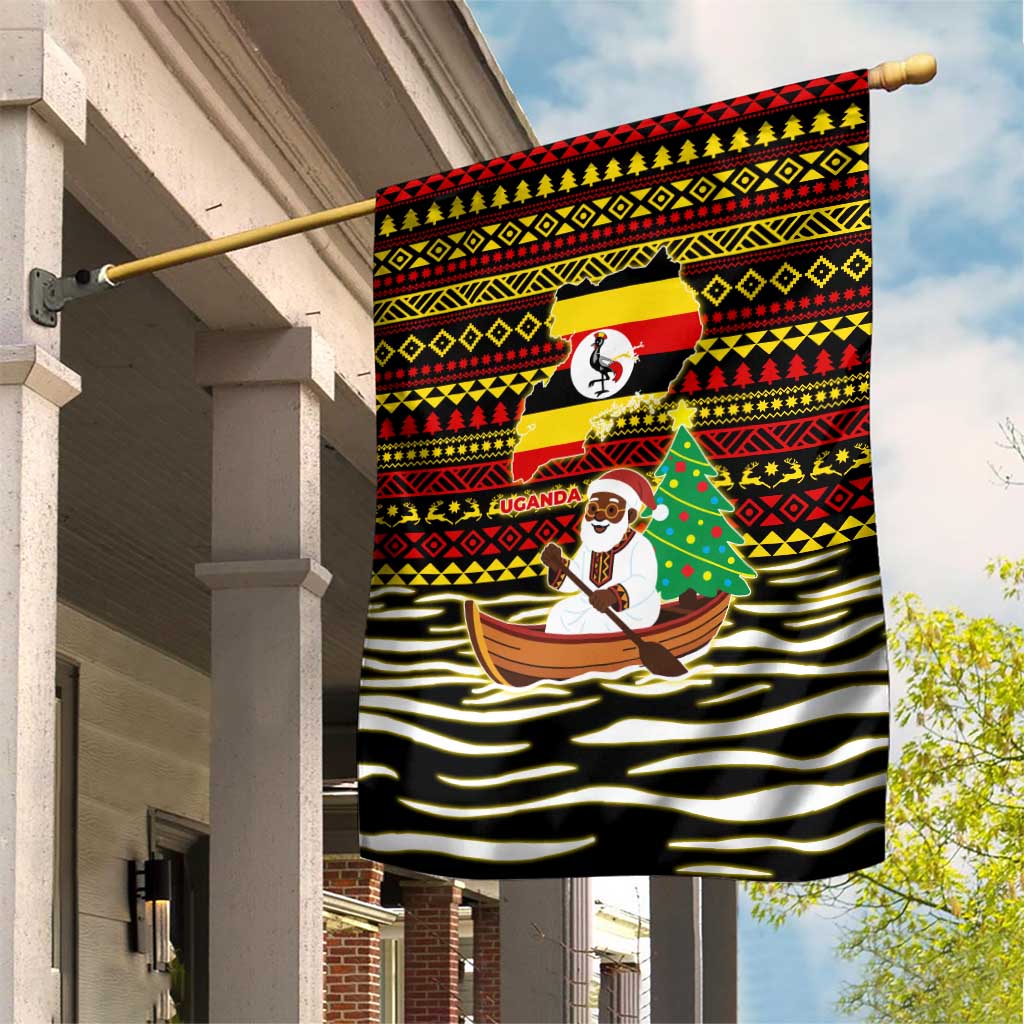 Uganda Christmas Garden Flag with Santa in Canoe Christmas Tree Uganda Map Flag and Black Red Yellow Tribal Pattern Design - Wonder Print Shop