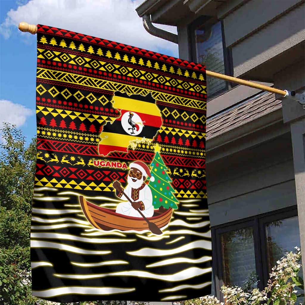 Uganda Christmas Garden Flag with Santa in Canoe Christmas Tree Uganda Map Flag and Black Red Yellow Tribal Pattern Design - Wonder Print Shop