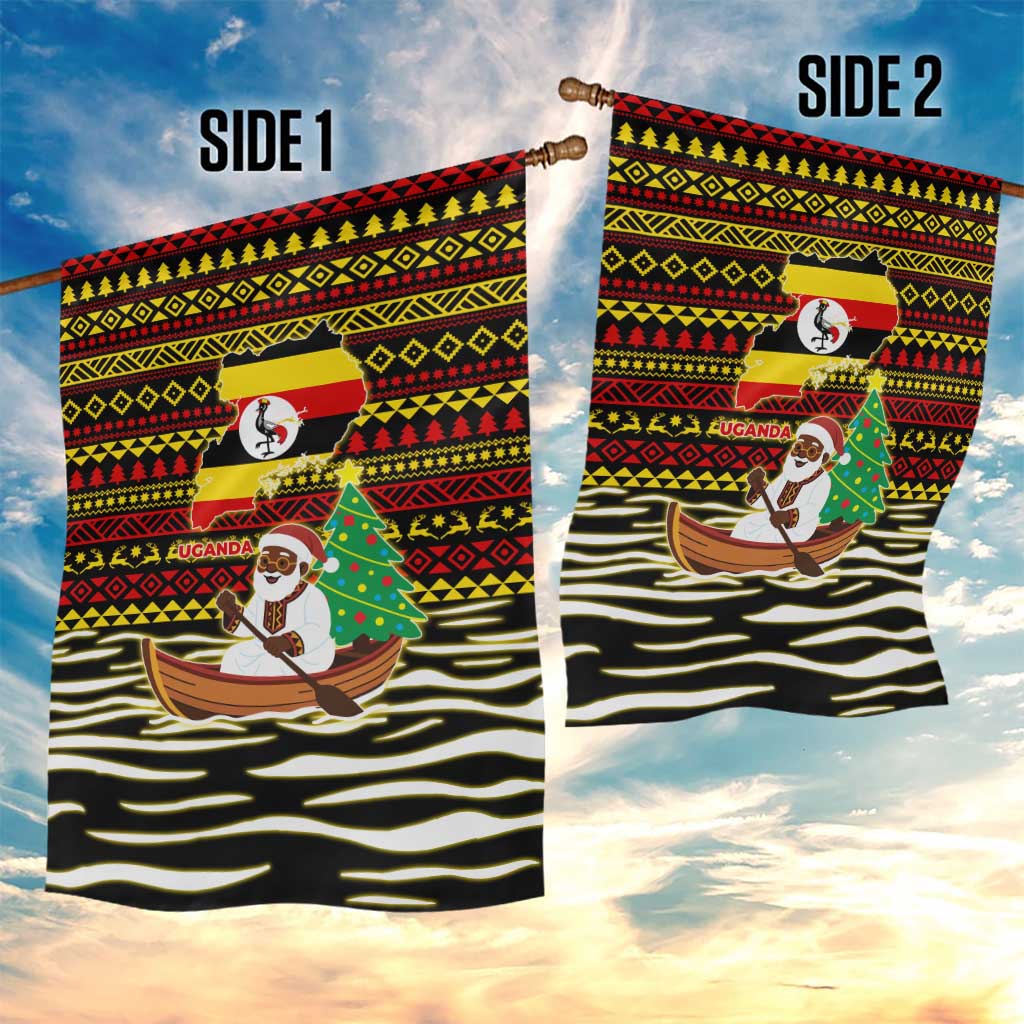 Uganda Christmas Garden Flag with Santa in Canoe Christmas Tree Uganda Map Flag and Black Red Yellow Tribal Pattern Design - Wonder Print Shop