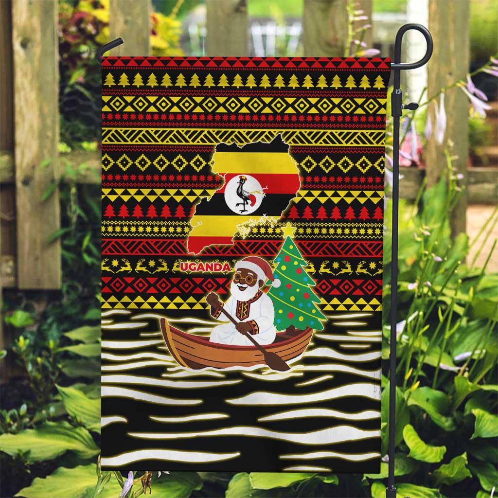 Uganda Christmas Garden Flag with Santa in Canoe Christmas Tree Uganda Map Flag and Black Red Yellow Tribal Pattern Design - Wonder Print Shop