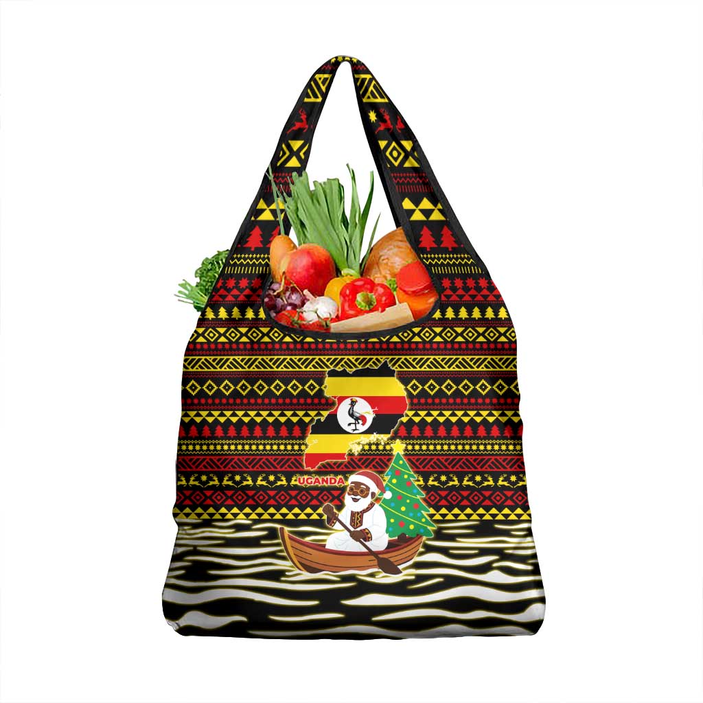 Uganda Christmas Grocery Bag with Santa in Canoe Christmas Tree Uganda Map Flag and Black Red Yellow Tribal Pattern Design - Wonder Print Shop
