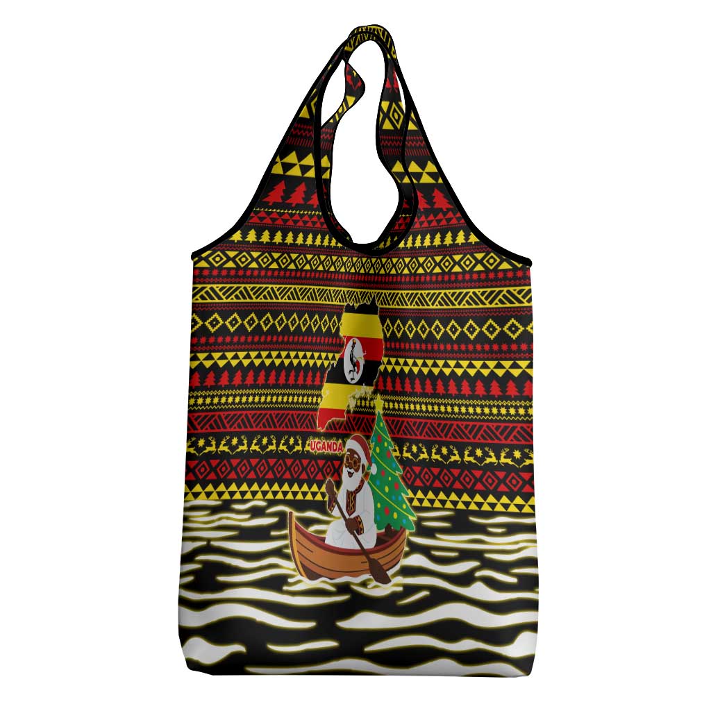 Uganda Christmas Grocery Bag with Santa in Canoe Christmas Tree Uganda Map Flag and Black Red Yellow Tribal Pattern Design - Wonder Print Shop