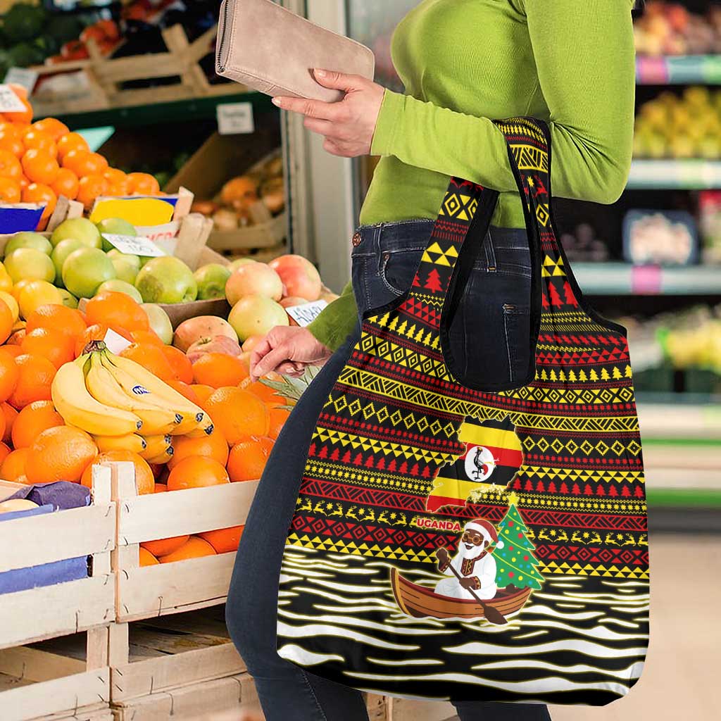 Uganda Christmas Grocery Bag with Santa in Canoe Christmas Tree Uganda Map Flag and Black Red Yellow Tribal Pattern Design - Wonder Print Shop