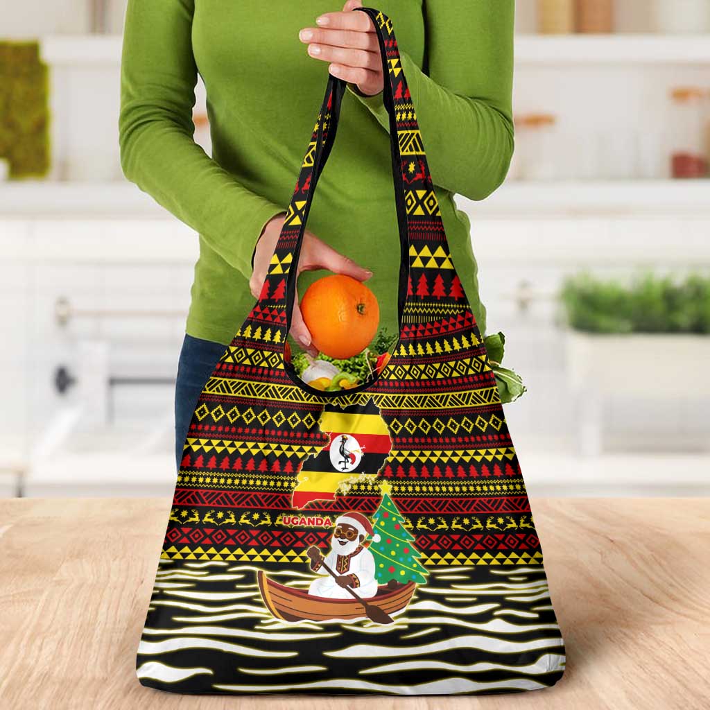 Uganda Christmas Grocery Bag with Santa in Canoe Christmas Tree Uganda Map Flag and Black Red Yellow Tribal Pattern Design - Wonder Print Shop