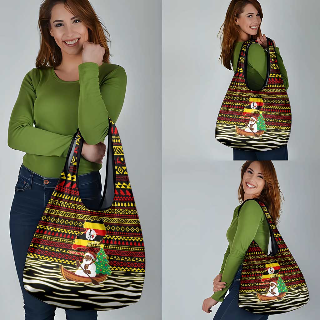 Uganda Christmas Grocery Bag with Santa in Canoe Christmas Tree Uganda Map Flag and Black Red Yellow Tribal Pattern Design - Wonder Print Shop