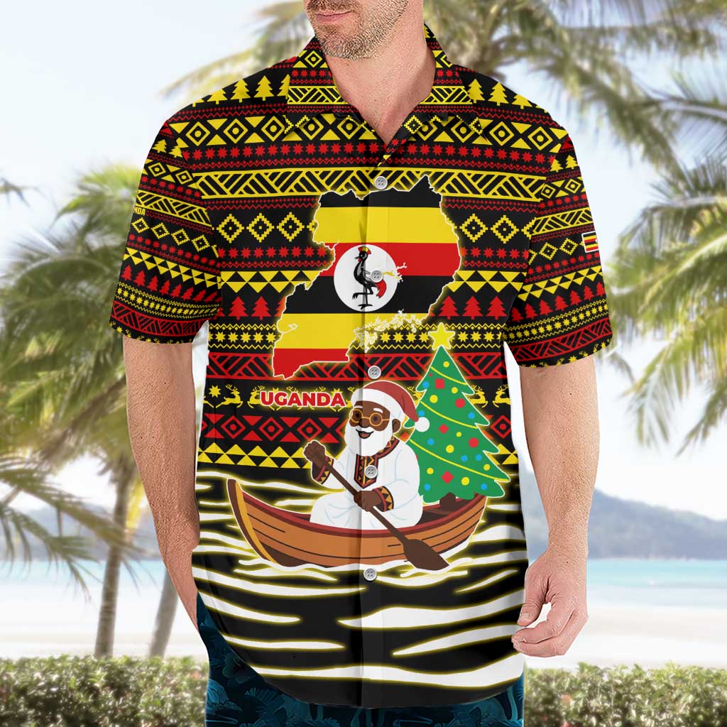 Uganda Christmas Hawaiian Shirt with Santa in Canoe Christmas Tree Uganda Map Flag and Black Red Yellow Tribal Pattern Design - Wonder Print Shop