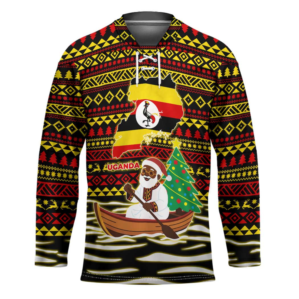 Uganda Christmas Hockey Jersey with Santa in Canoe Christmas Tree Uganda Map Flag and Black Red Yellow Tribal Pattern Design - Wonder Print Shop