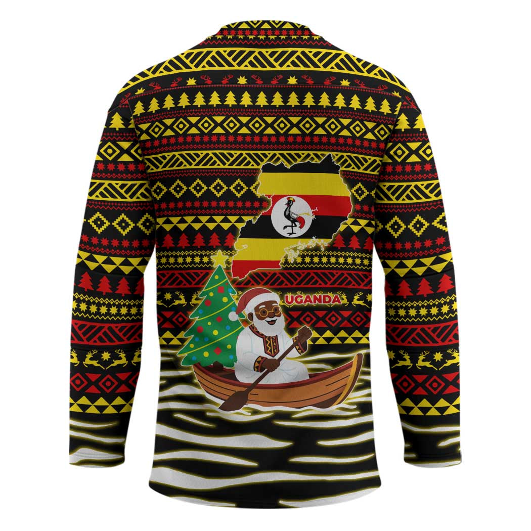 Uganda Christmas Hockey Jersey with Santa in Canoe Christmas Tree Uganda Map Flag and Black Red Yellow Tribal Pattern Design - Wonder Print Shop