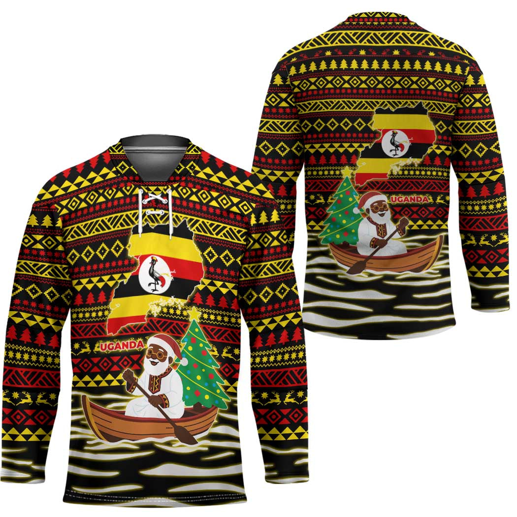 Uganda Christmas Hockey Jersey with Santa in Canoe Christmas Tree Uganda Map Flag and Black Red Yellow Tribal Pattern Design - Wonder Print Shop