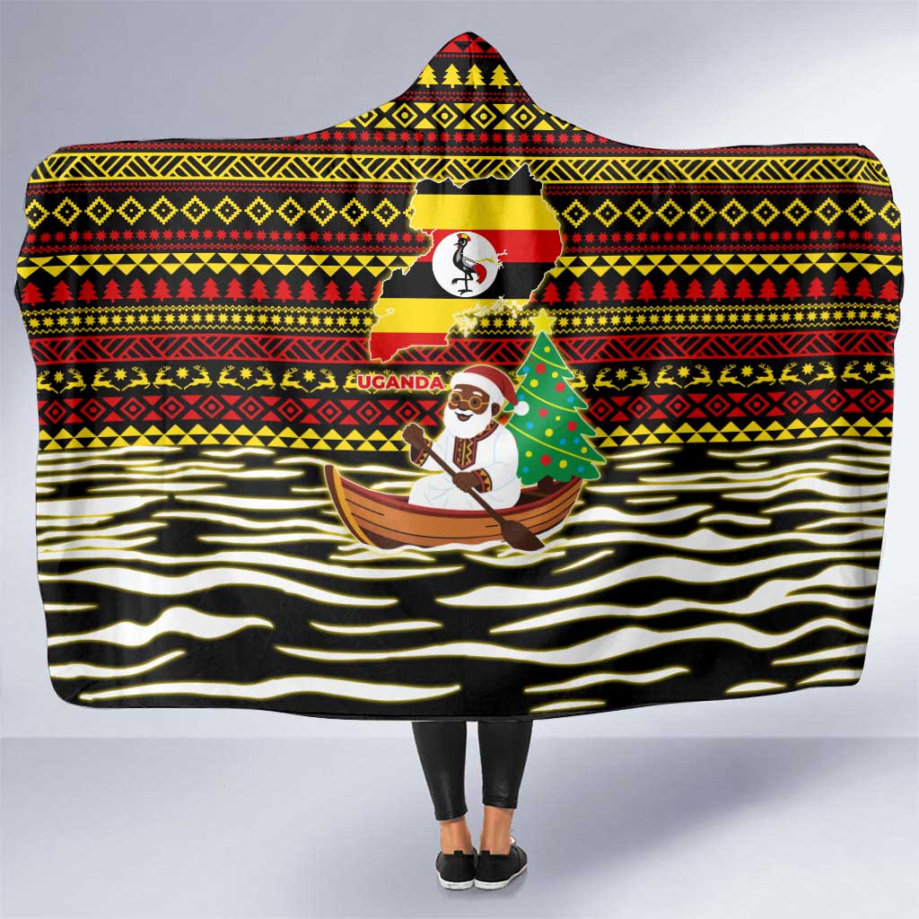 Uganda Christmas Hooded Blanket with Santa in Canoe Christmas Tree Uganda Map Flag and Black Red Yellow Tribal Pattern Design - Wonder Print Shop