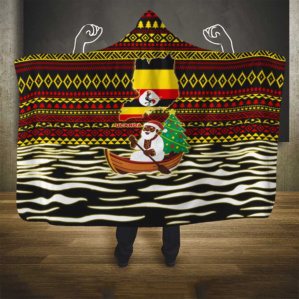Uganda Christmas Hooded Blanket with Santa in Canoe Christmas Tree Uganda Map Flag and Black Red Yellow Tribal Pattern Design - Wonder Print Shop