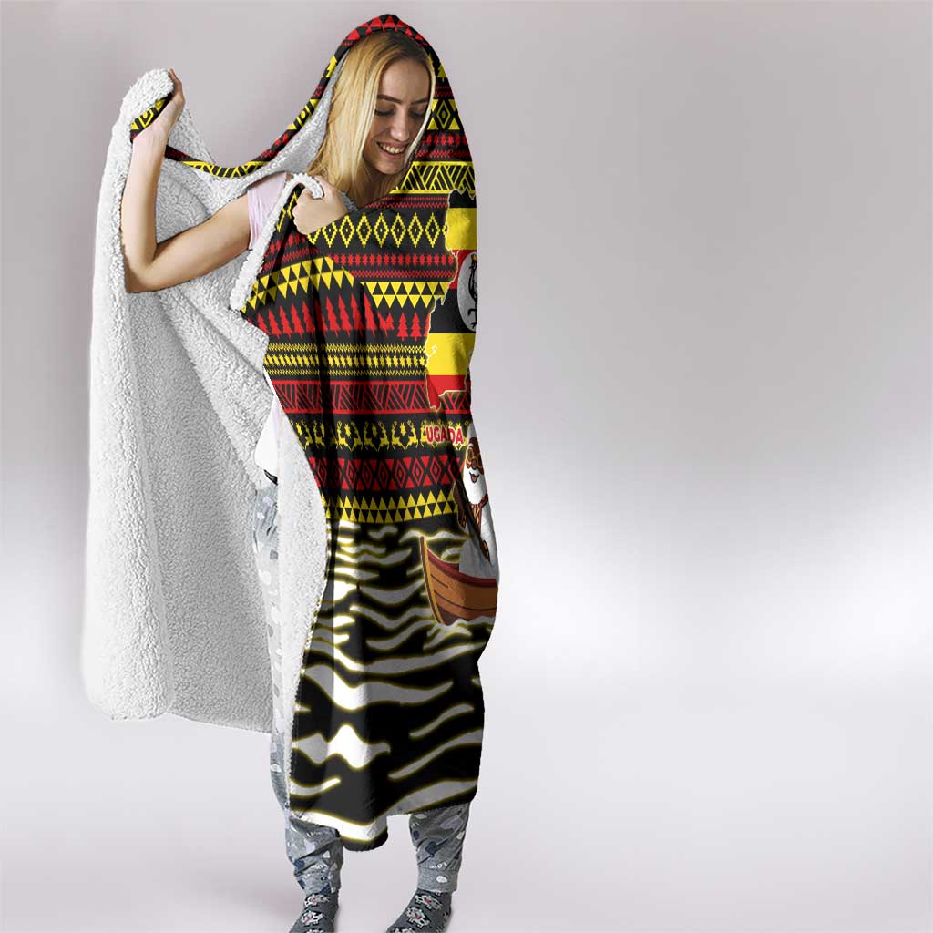 Uganda Christmas Hooded Blanket with Santa in Canoe Christmas Tree Uganda Map Flag and Black Red Yellow Tribal Pattern Design - Wonder Print Shop