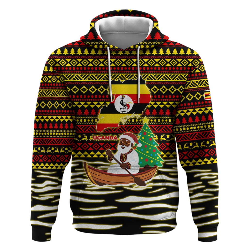 Uganda Christmas Hoodie with Santa in Canoe Christmas Tree Uganda Map Flag and Black Red Yellow Tribal Pattern Design - Wonder Print Shop