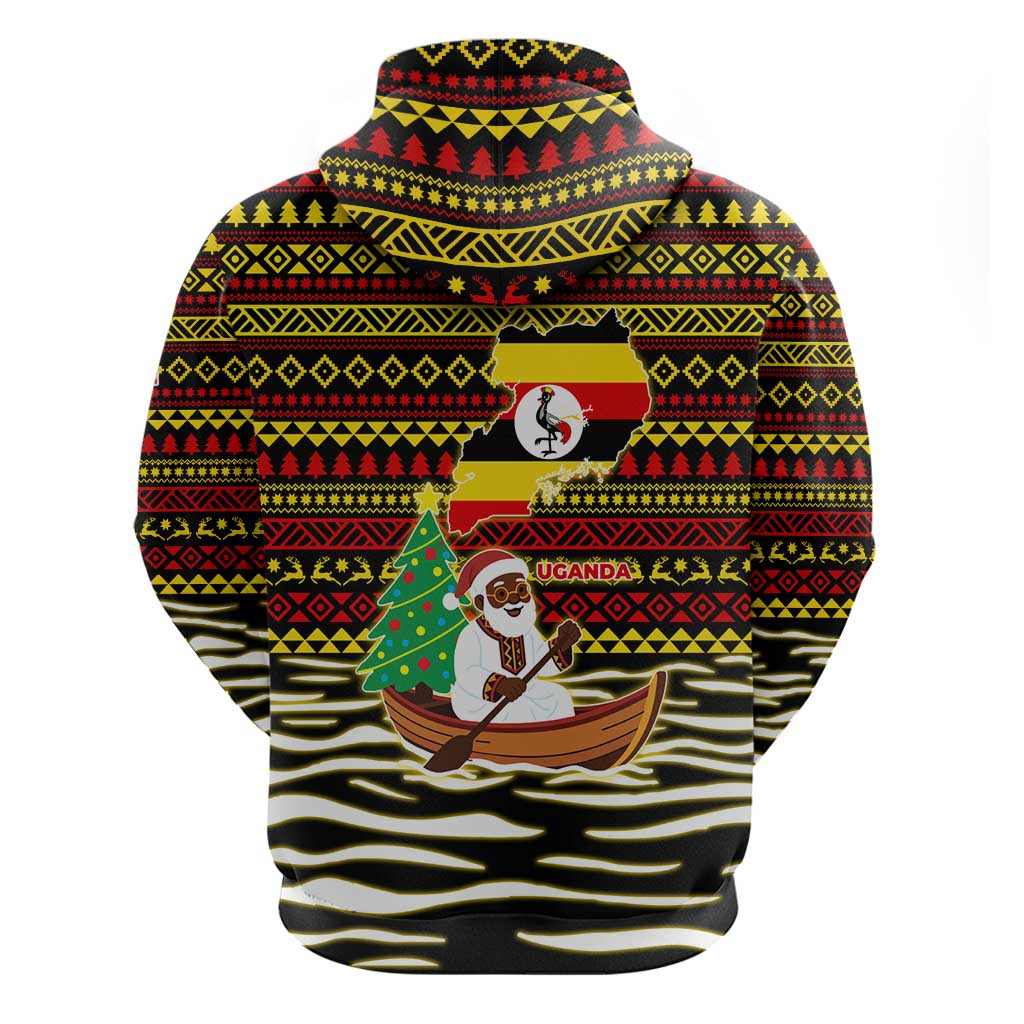 Uganda Christmas Hoodie with Santa in Canoe Christmas Tree Uganda Map Flag and Black Red Yellow Tribal Pattern Design - Wonder Print Shop