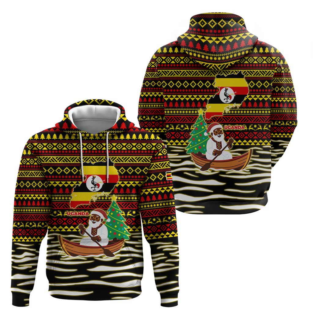 Uganda Christmas Hoodie with Santa in Canoe Christmas Tree Uganda Map Flag and Black Red Yellow Tribal Pattern Design - Wonder Print Shop