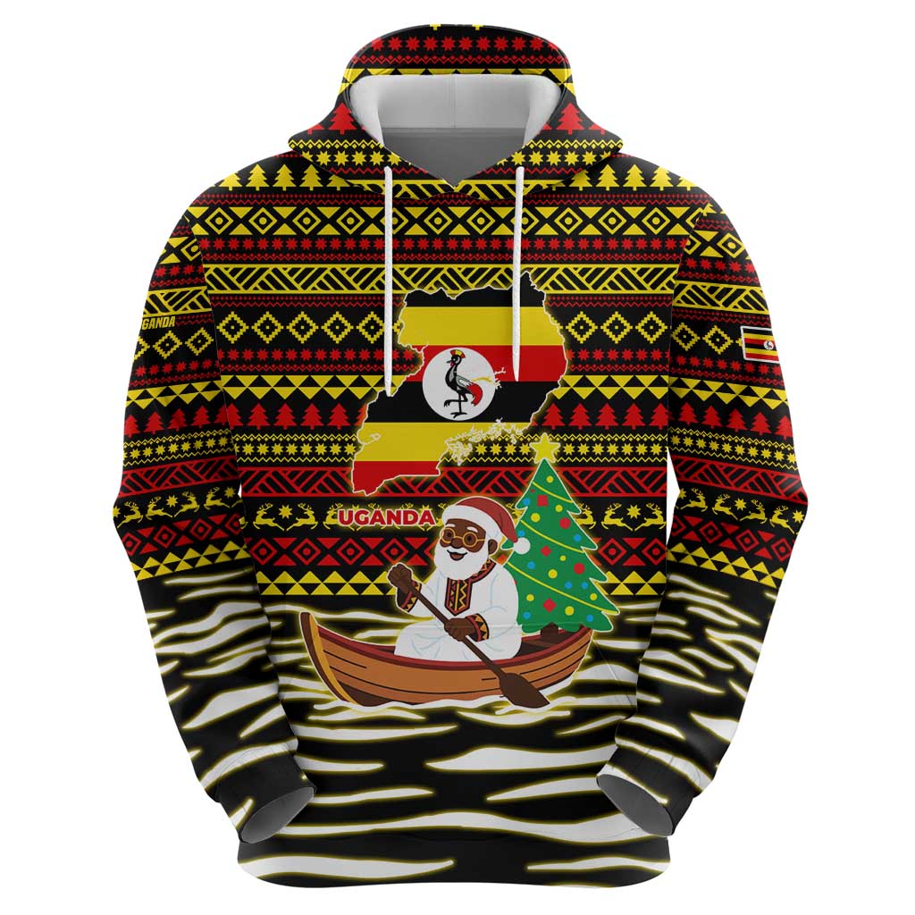 Uganda Christmas Hoodie with Santa in Canoe Christmas Tree Uganda Map Flag and Black Red Yellow Tribal Pattern Design - Wonder Print Shop