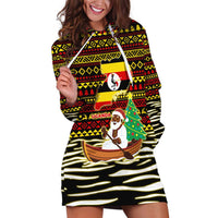 Uganda Christmas Hoodie Dress with Santa in Canoe Christmas Tree Uganda Map Flag and Black Red Yellow Tribal Pattern Design - Wonder Print Shop