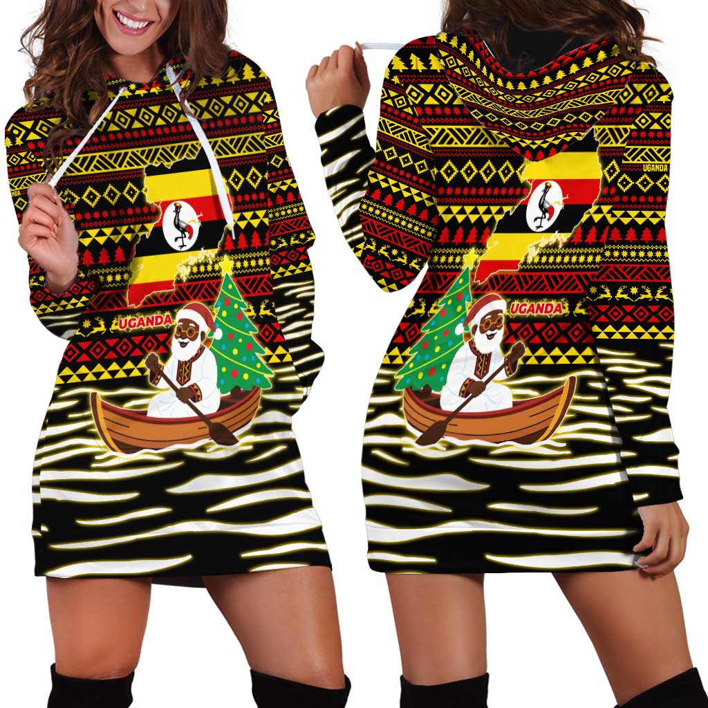 Uganda Christmas Hoodie Dress with Santa in Canoe Christmas Tree Uganda Map Flag and Black Red Yellow Tribal Pattern Design - Wonder Print Shop