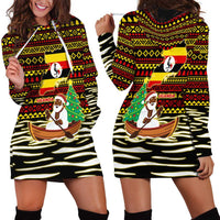 Uganda Christmas Hoodie Dress with Santa in Canoe Christmas Tree Uganda Map Flag and Black Red Yellow Tribal Pattern Design - Wonder Print Shop