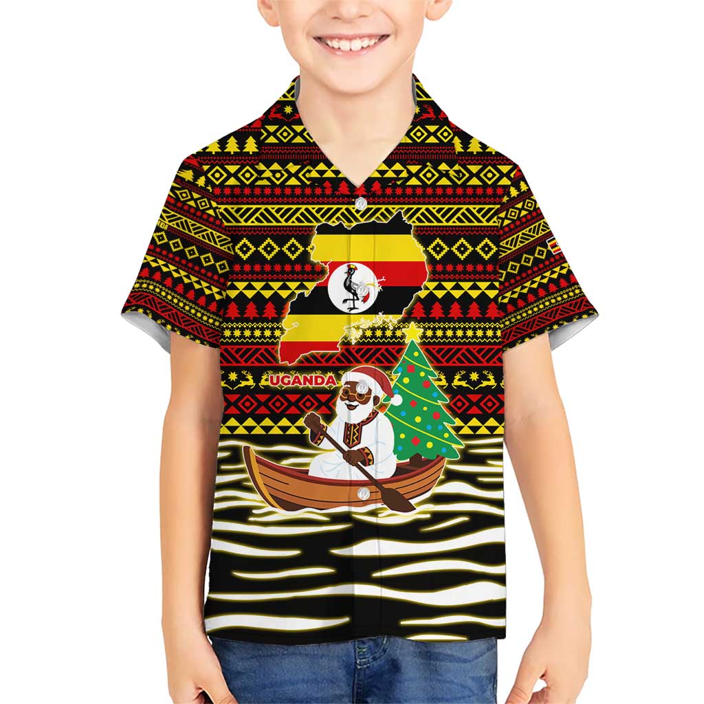 Uganda Christmas Kid Hawaiian Shirt with Santa in Canoe Christmas Tree Uganda Map Flag and Black Red Yellow Tribal Pattern Design - Wonder Print Shop
