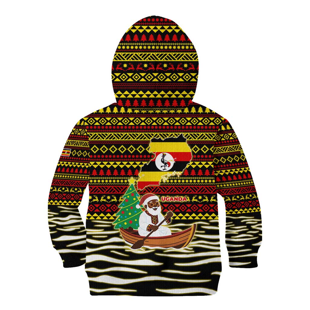 Uganda Christmas Kid Hoodie with Santa in Canoe Christmas Tree Uganda Map Flag and Black Red Yellow Tribal Pattern Design - Wonder Print Shop