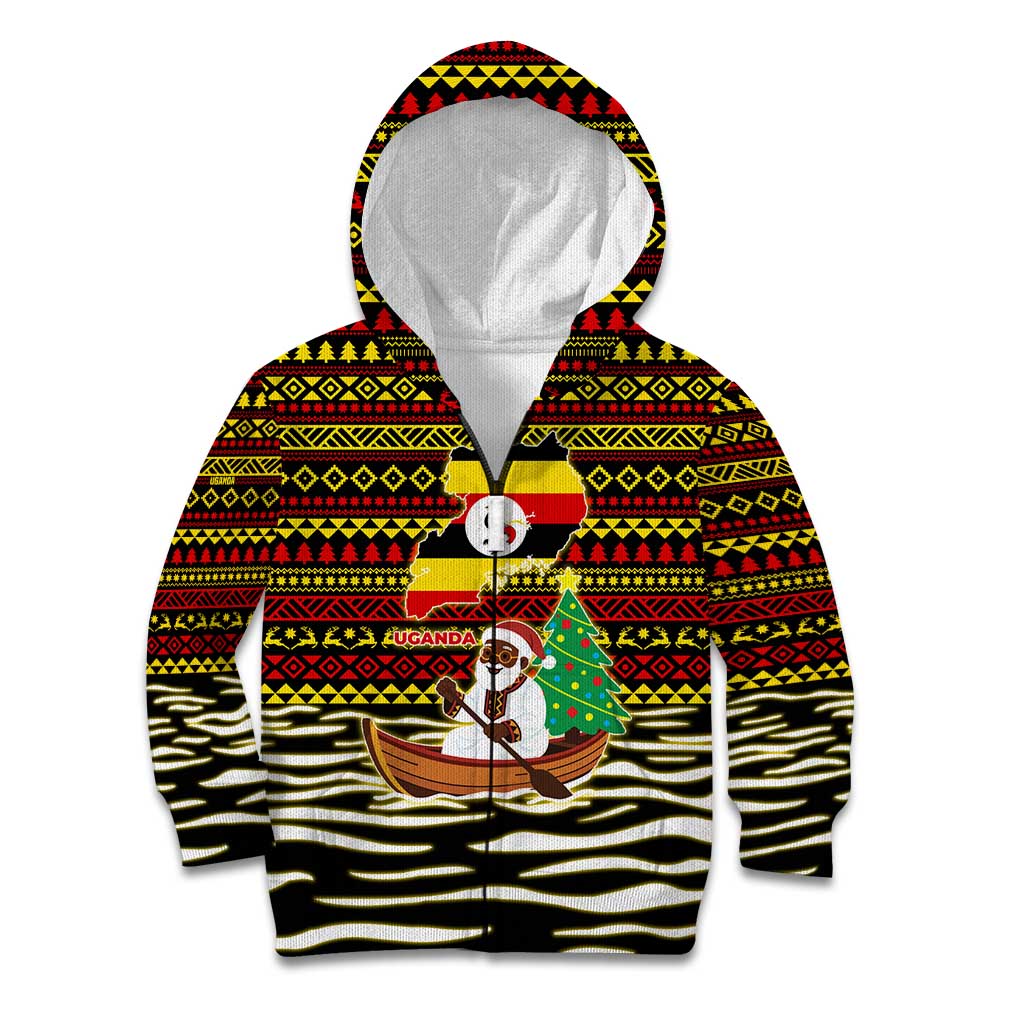 Uganda Christmas Kid Hoodie with Santa in Canoe Christmas Tree Uganda Map Flag and Black Red Yellow Tribal Pattern Design - Wonder Print Shop