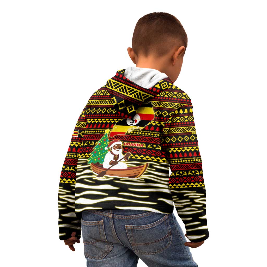 Uganda Christmas Kid Hoodie with Santa in Canoe Christmas Tree Uganda Map Flag and Black Red Yellow Tribal Pattern Design - Wonder Print Shop