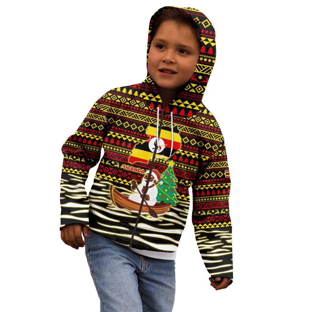 Uganda Christmas Kid Hoodie with Santa in Canoe Christmas Tree Uganda Map Flag and Black Red Yellow Tribal Pattern Design - Wonder Print Shop