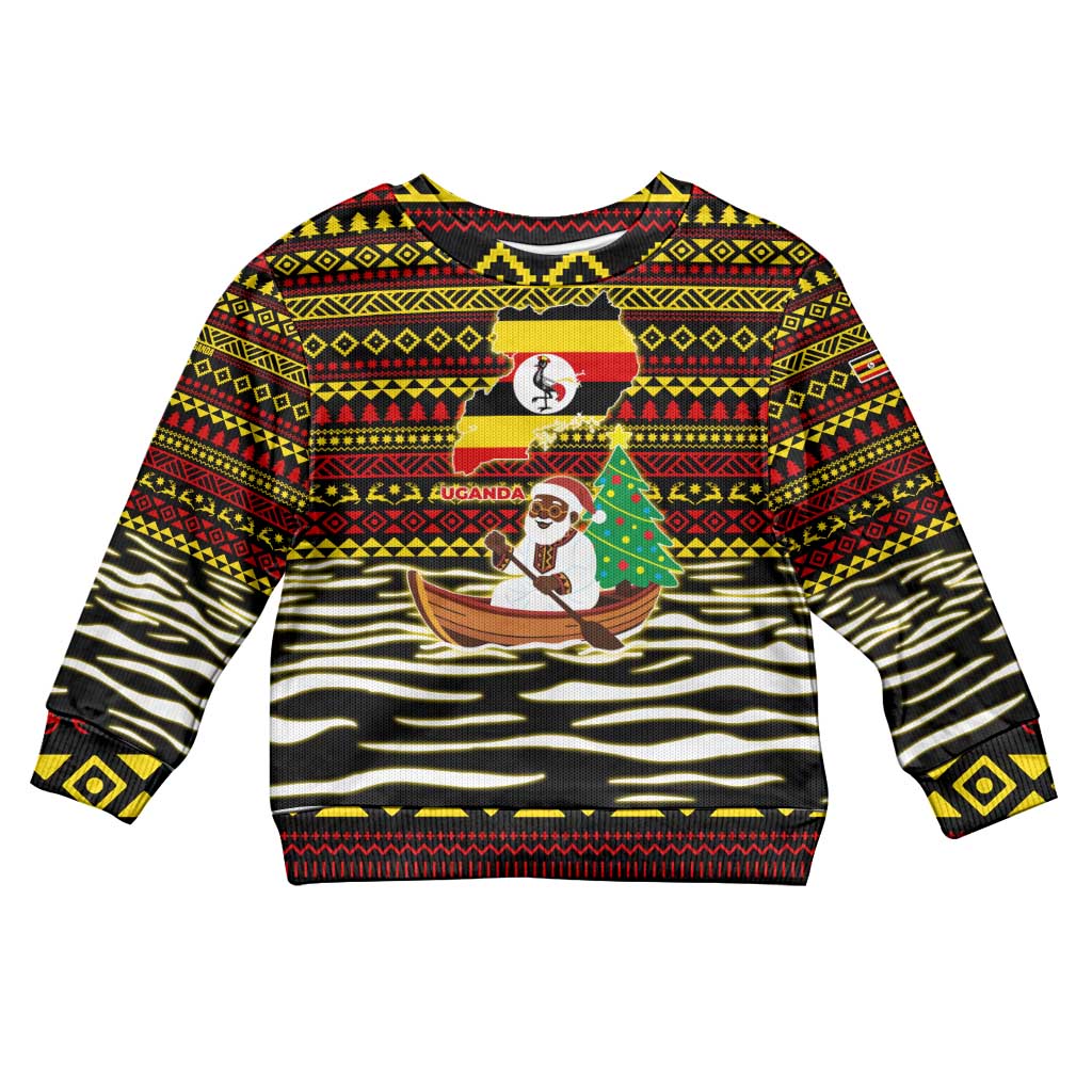 Uganda Christmas Kid Ugly Christmas Sweater with Santa in Canoe Christmas Tree Uganda Map Flag and Black Red Yellow Tribal Pattern Design - Wonder Print Shop