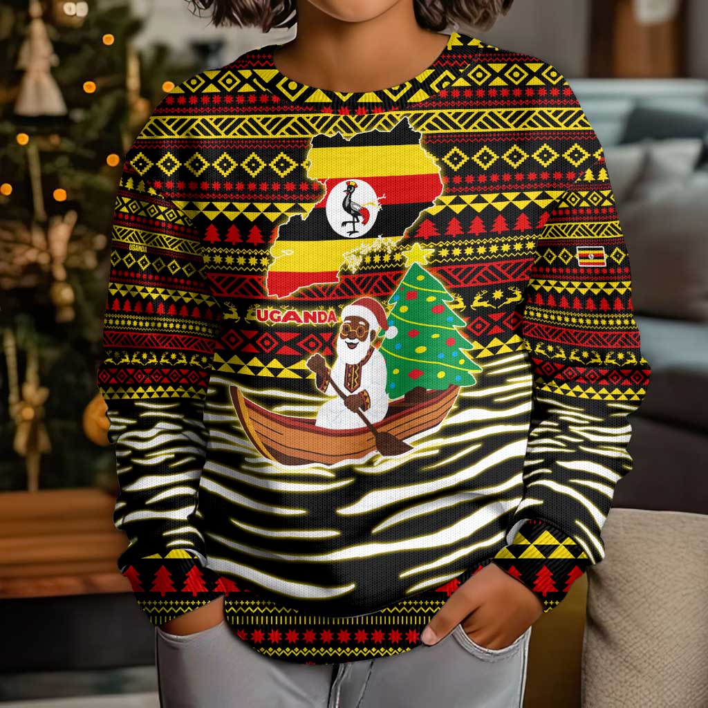 Uganda Christmas Kid Ugly Christmas Sweater with Santa in Canoe Christmas Tree Uganda Map Flag and Black Red Yellow Tribal Pattern Design - Wonder Print Shop