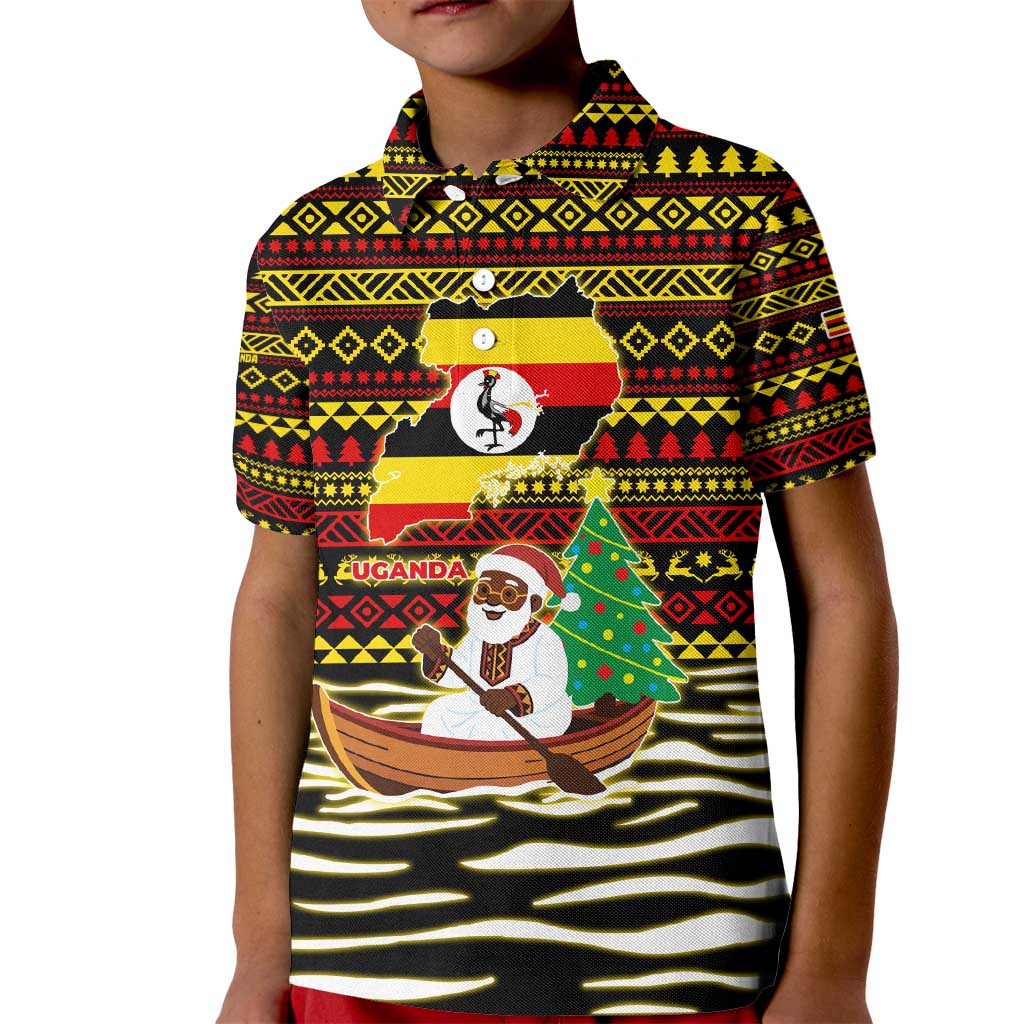 Uganda Christmas Kid Polo Shirt with Santa in Canoe Christmas Tree Uganda Map Flag and Black Red Yellow Tribal Pattern Design - Wonder Print Shop