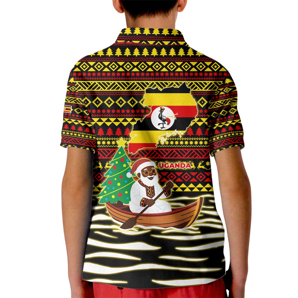 Uganda Christmas Kid Polo Shirt with Santa in Canoe Christmas Tree Uganda Map Flag and Black Red Yellow Tribal Pattern Design - Wonder Print Shop